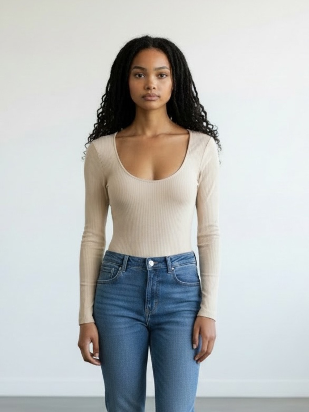 aerie Ribbed Scoop Neck Long Sleeve Bodysuit - Beige
